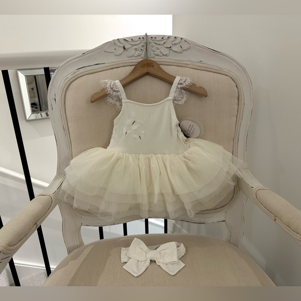 🩰 6~9 Mth Ivory Ballet Multi Tiered Tulle Fancy Baby Dress with Bow NWT